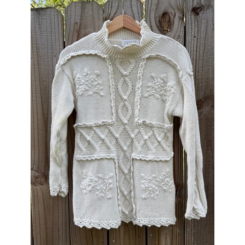 Vintage Cream Embroidered Knit Sweater Grandmacore